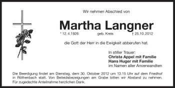 Traueranzeige von Martha Langner von Pegnitz-Zeitung